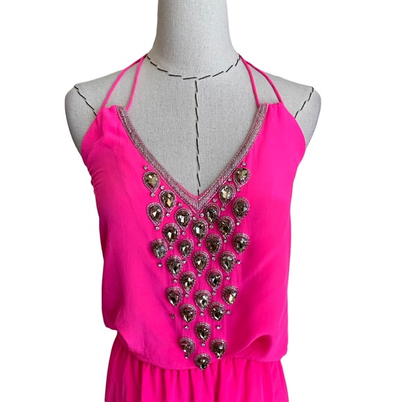 Karina Grimaldi Neon Pink Silk Embellished Rhinestone Beaded Party Dress Revolve - Picture 3 of 16